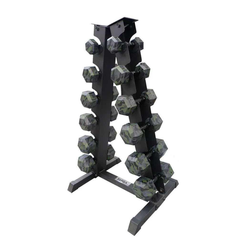 [103] SET MANCUERNAS CON RACK 6 PARES 5 A 30 LB CAMUFLAJE TAYGA
