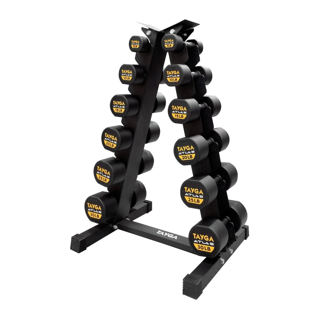 SET DE RACK CON 6 PARES DE MANCUERNAS ATLAS DE 5 A 30 LB TAYGA