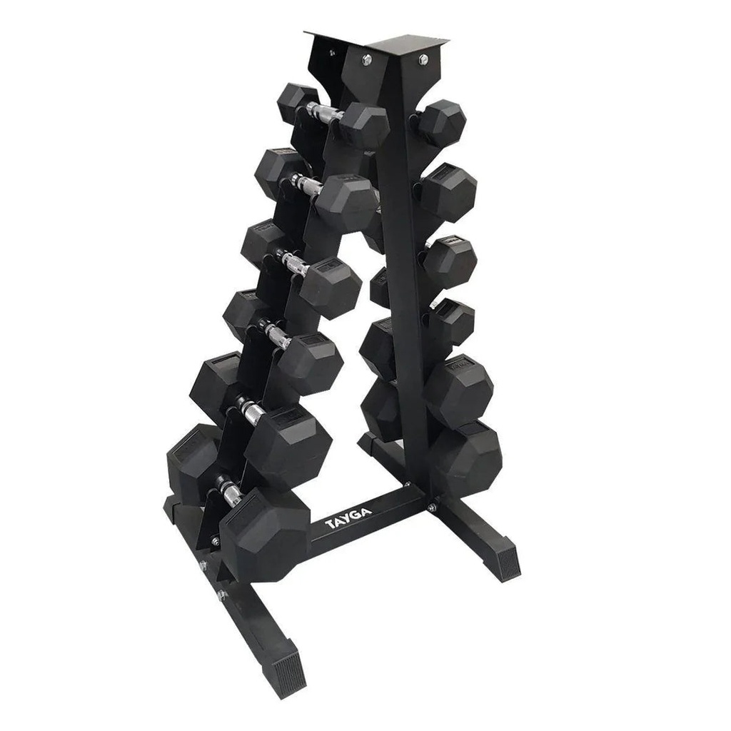 [111] SET MANCUERNAS HEXAGONALES 6 PARES DE 5, 10, 15, 20, 25, 30 LB Y RACK TAYGA