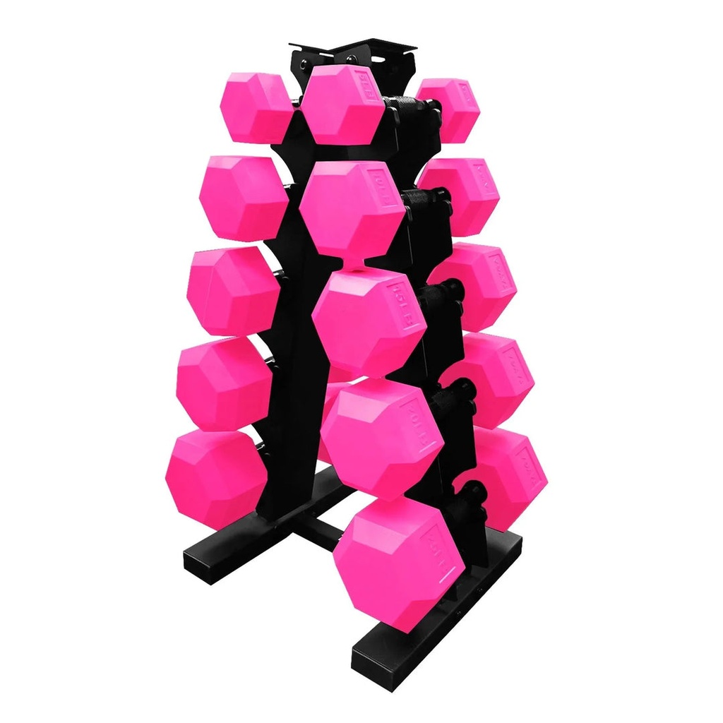 [118] SET DE 5 PARES MANCUERNAS ROSAS 5, 10, 15, 20 Y 25 LB CON RACK NEGRO TAYGA