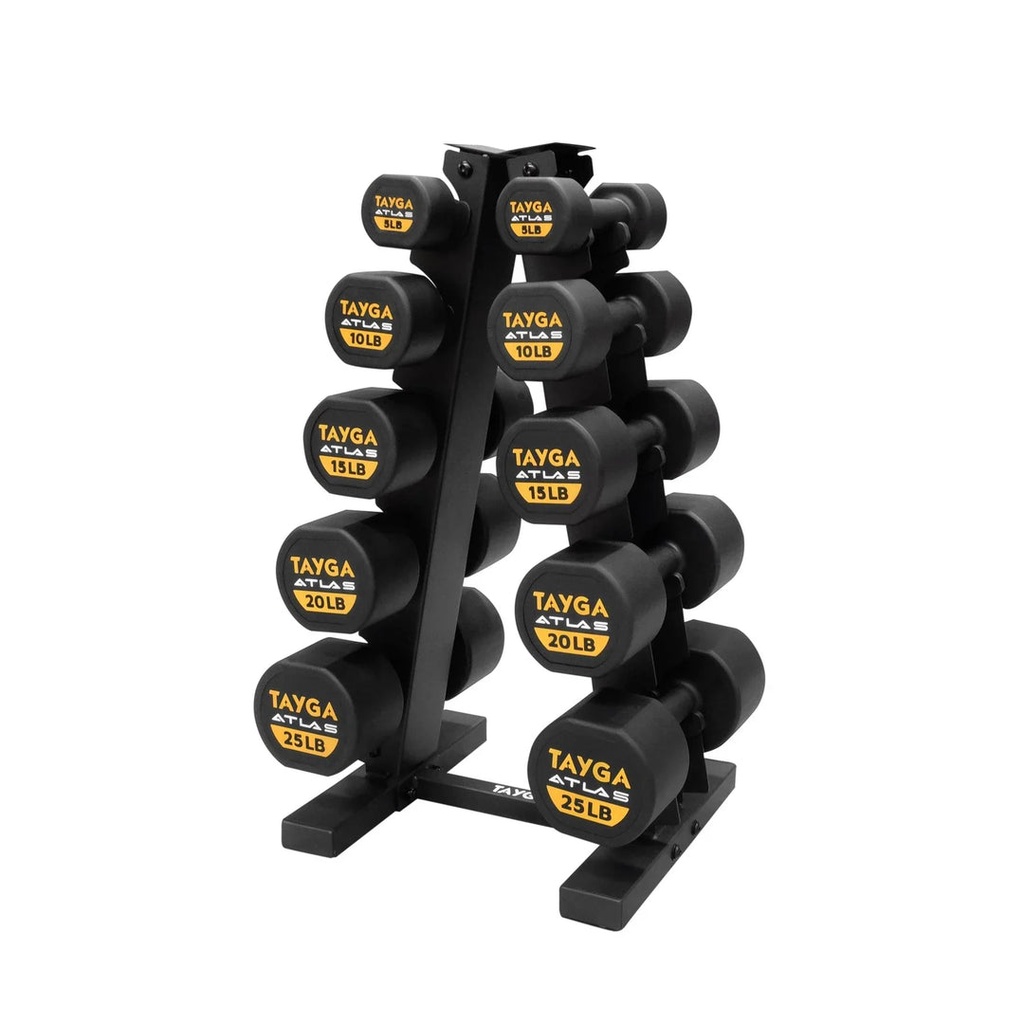 [120] SET DE RACK CON 5 PARES DE MANCUERNAS ATLAS DE 5 A 25 LB TAYGA