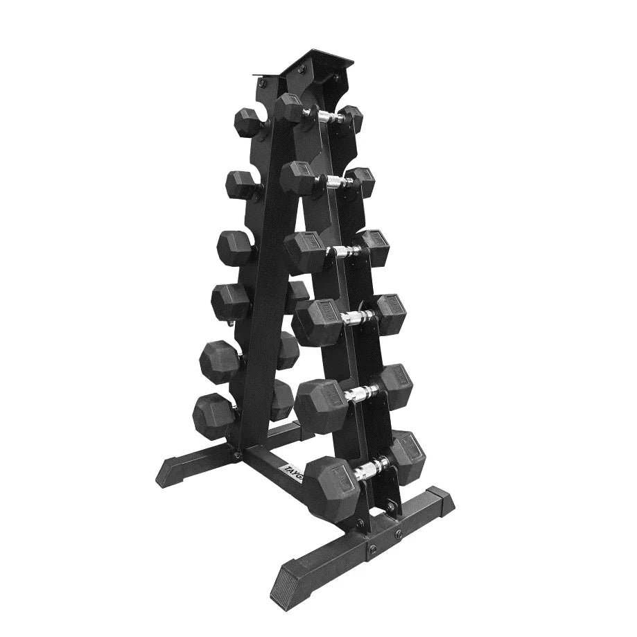 [122] SET MANCUERNAS HEXAGONALES, 6 PARES 3, 5, 8, 10, 12, 15LB Y RACK TAYGA