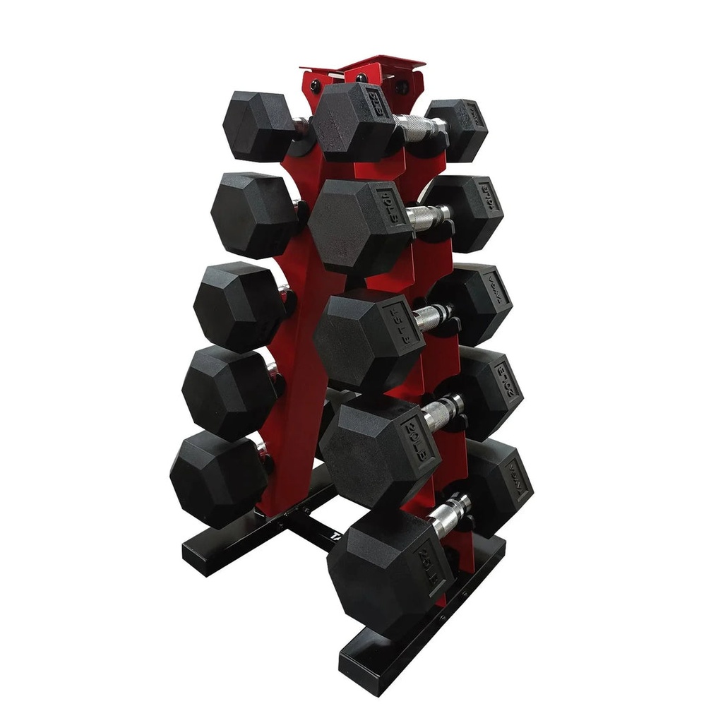 SET DE MANCUERNAS HEXAGONALES PVC 5 PARES DE 5, 10, 15, 20 Y 25 LB. CON RACK ROJO TAYGA