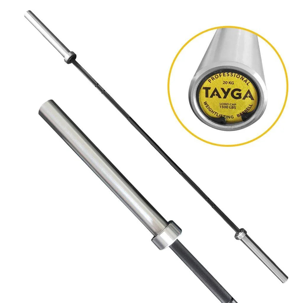 [149] BARRA OLÍMPICA, 1500 LB, 2.2M, AGARRE EN NEGRO, MANGAS CROMADAS TAYGA