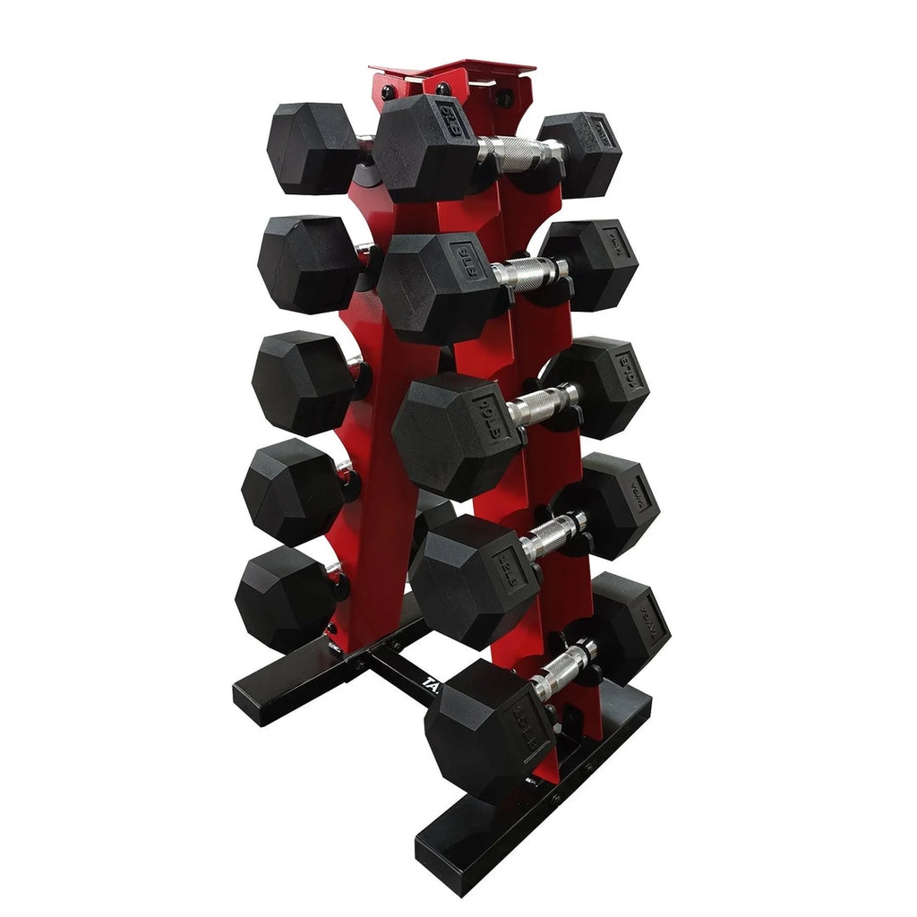 SET DE 5 PARES MANCUENAS HEXAGONALES PVC 5, 8, 10, 12 Y 15 LB CON RACK ROJO TAYGA