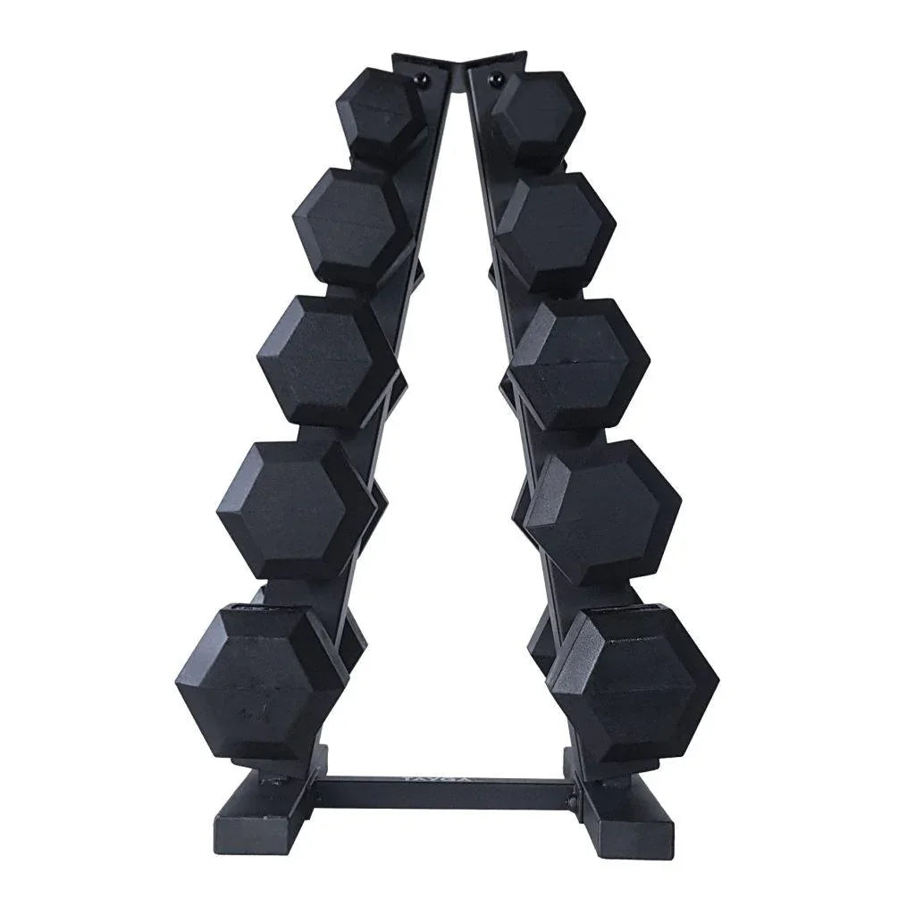 [163] SET DE 5 PARES DE MANCUERNAS HEXAGONALES 5, 8, 10, 12, 15 LB. CON RACK TAYGA