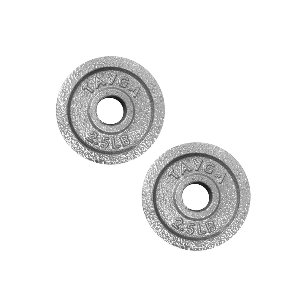 [418] DOS DISCOS ACERO PLATEADOS 2.5 LB C/U,30MM DIAM.1 CAJA TAYGA