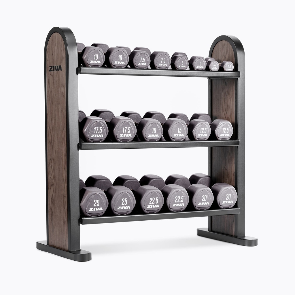 [2543] SOPORTE PARA MANCUERNAS HEXAGONALES DE 3 NIVELES LUMINA + JUEGO DE MANCUERNAS HEXAGONALES DE URETANO LUMINA 2.5-25 KG (10 PARES) ZIVA