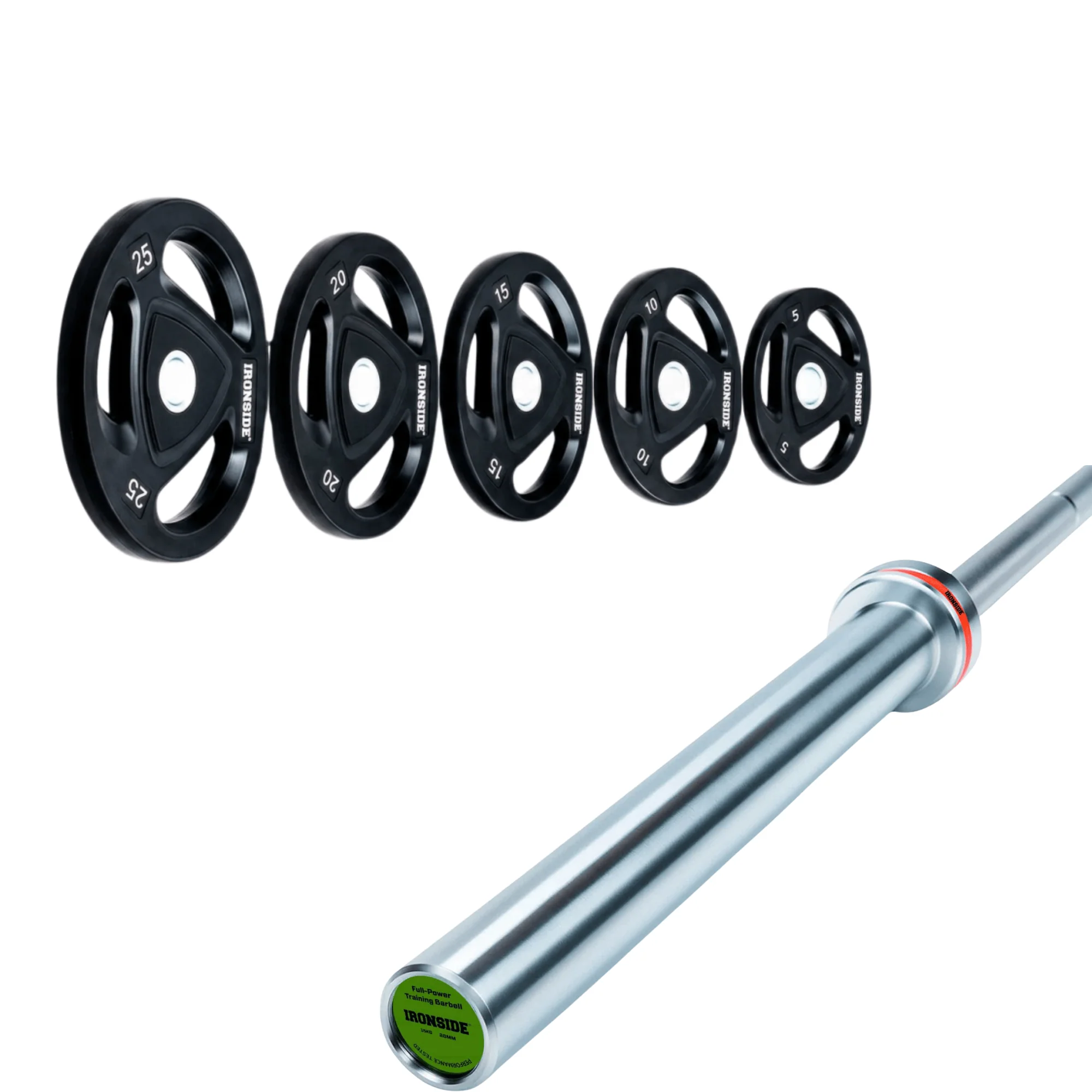 PACK IRONSIDE BARRA FULLPOWER 20 KG + SET DISCOS 3 AGARRES 155 KG