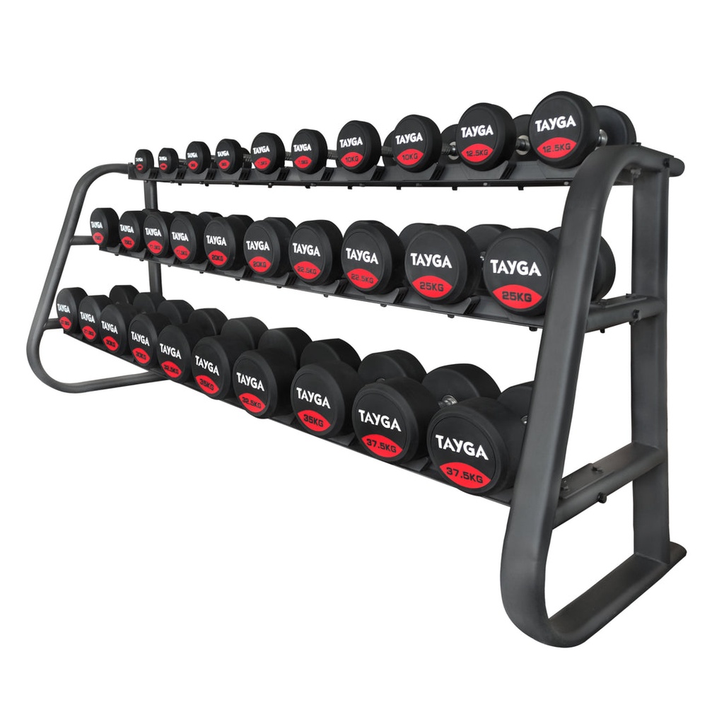 [15] SET DE RACK CON 15 PARES DE MANCUERNAS PREMIUM DE 2.5 A 37.5 KG TAYGA