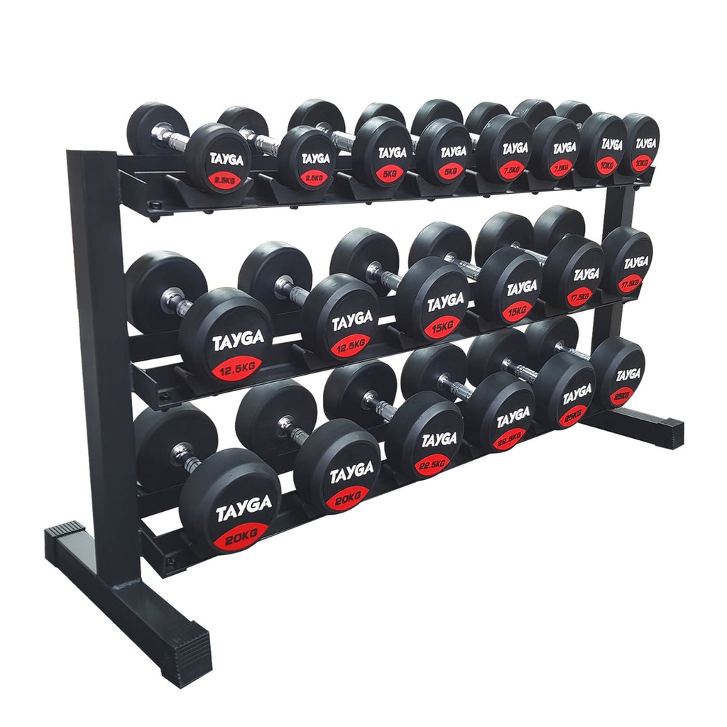 [60] SET DE RACK CON 10 PARES DE MANCUERNAS PREMIUM DE 2.5 A 25 KG TAYGA