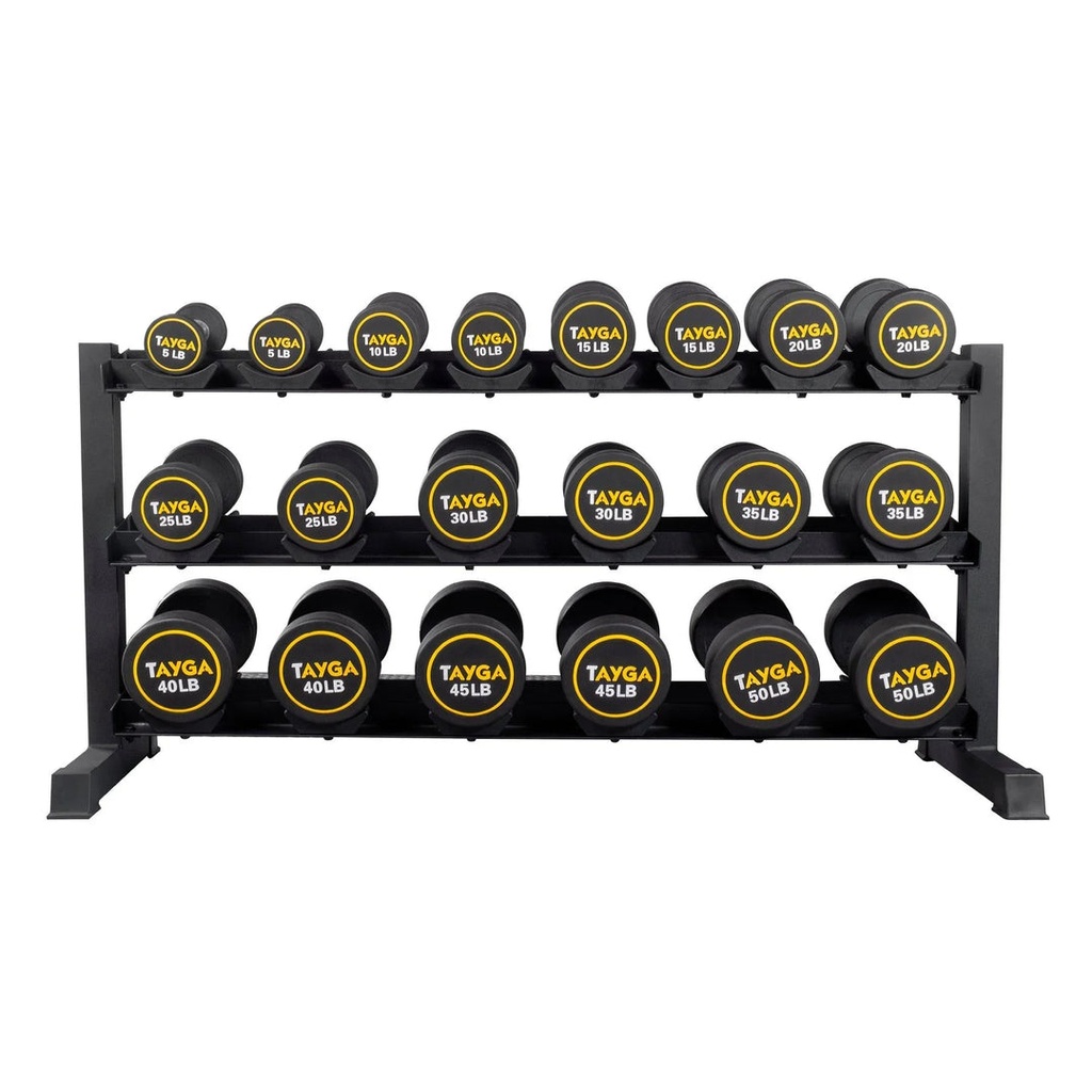[65] SET DE RACK CON 10 PARES DE MANCUERNAS REDONDAS DE 5 A 50 LB. NEGRO/AMARILLAS TAYGA