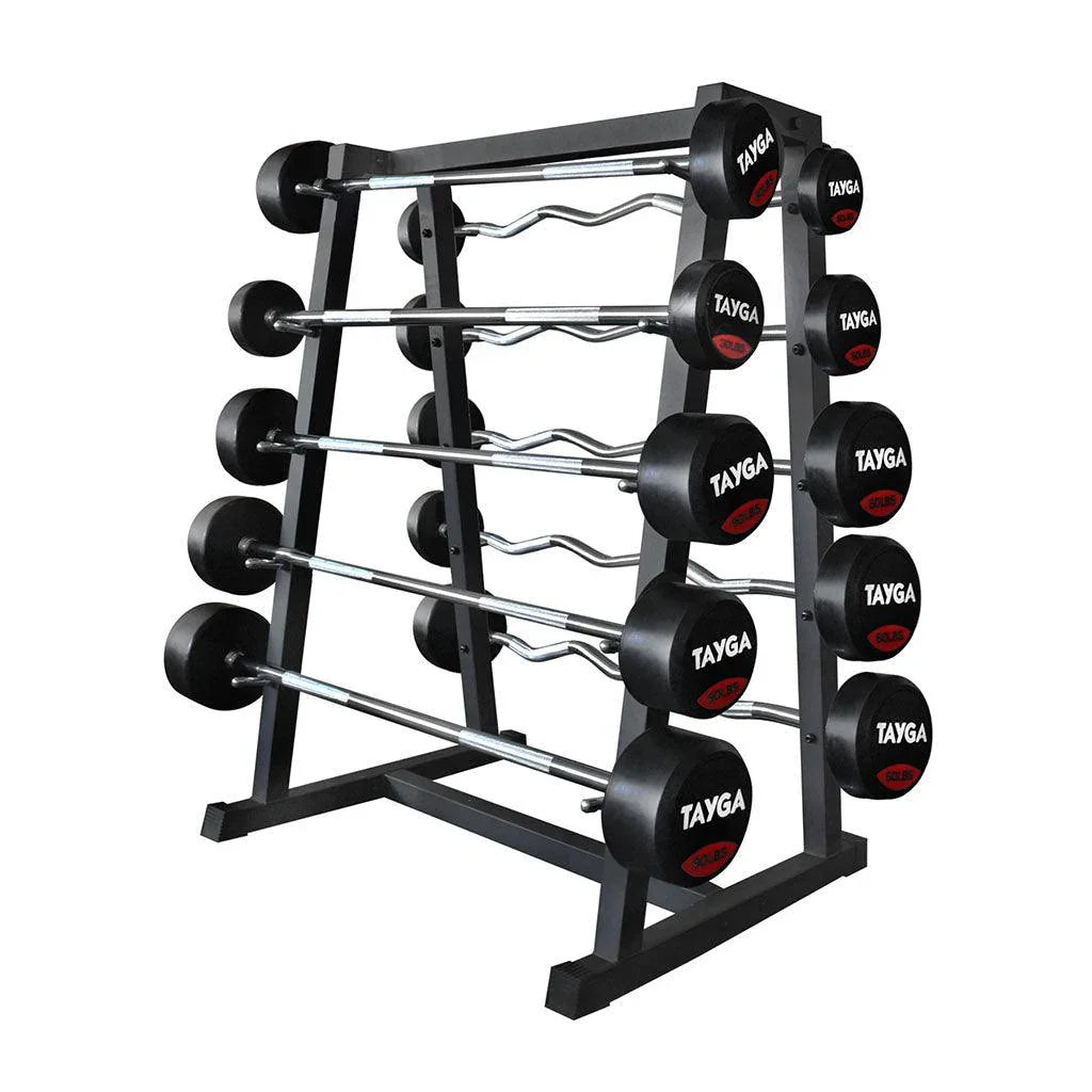 [68] SET DE RACK NEGRO CON 5 BARRAS RECTAS Y 5 Z DE 20 A 60 LB TAYGA
