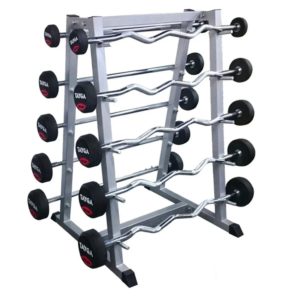 [69] SET DE 5 BARRAS RECTAS Y 5 Z DE 20 A 60 LB CON RACK TAYGA