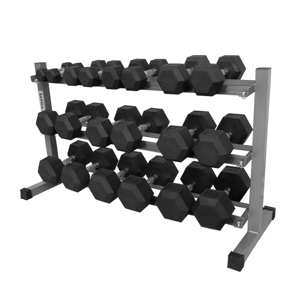 [74] SET MANCUERNAS HEXAGONALES 10 PARES DE 5 A 50 LB Y RACK TAYGA