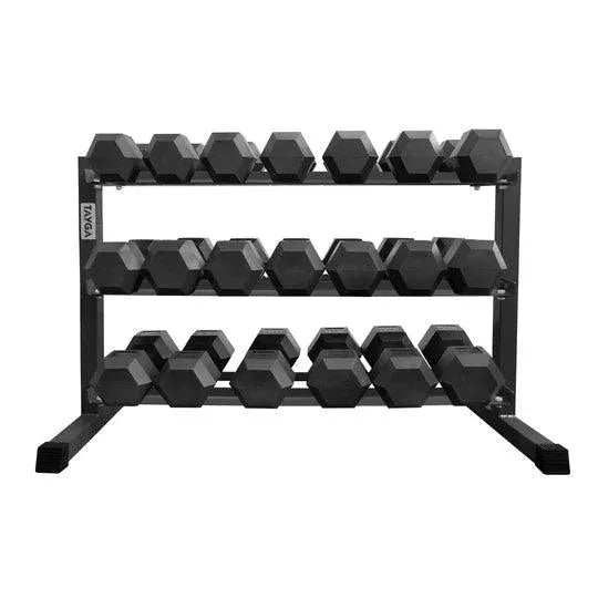 SET DE RACK NEGRO CON 10 PARES DE MANCUERNAS HEXAGONALES 5 A 50 LB TAYGA